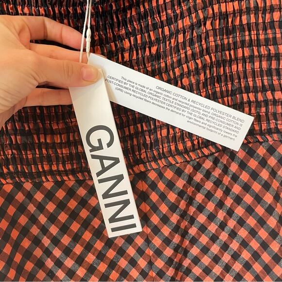 Ganni Smocked Gingham Midi Dress Orange and Black Sleeveless Dress NWT - Picture 9 of 16